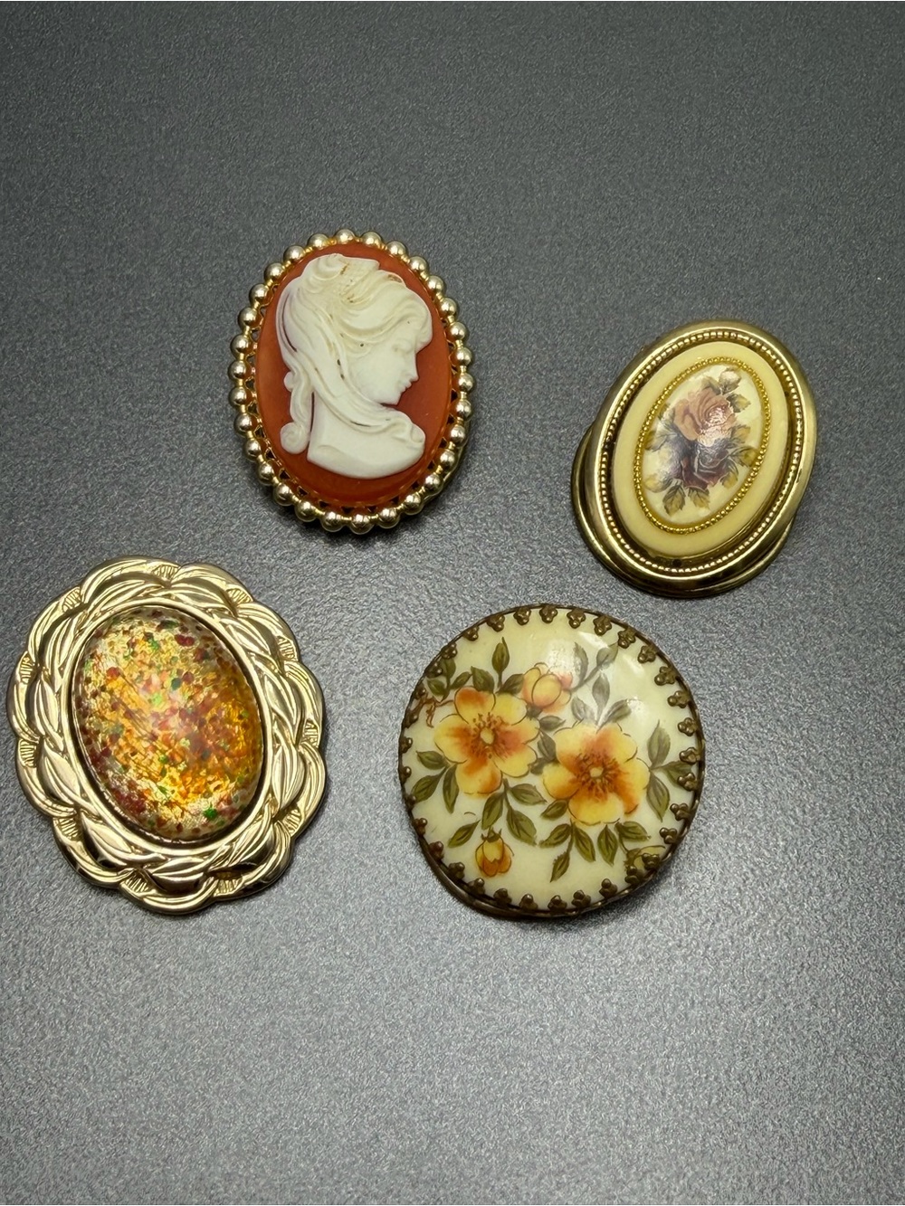 Vintage Floral and Cameo Scarf Clips in Ivory, Gold, and Coral